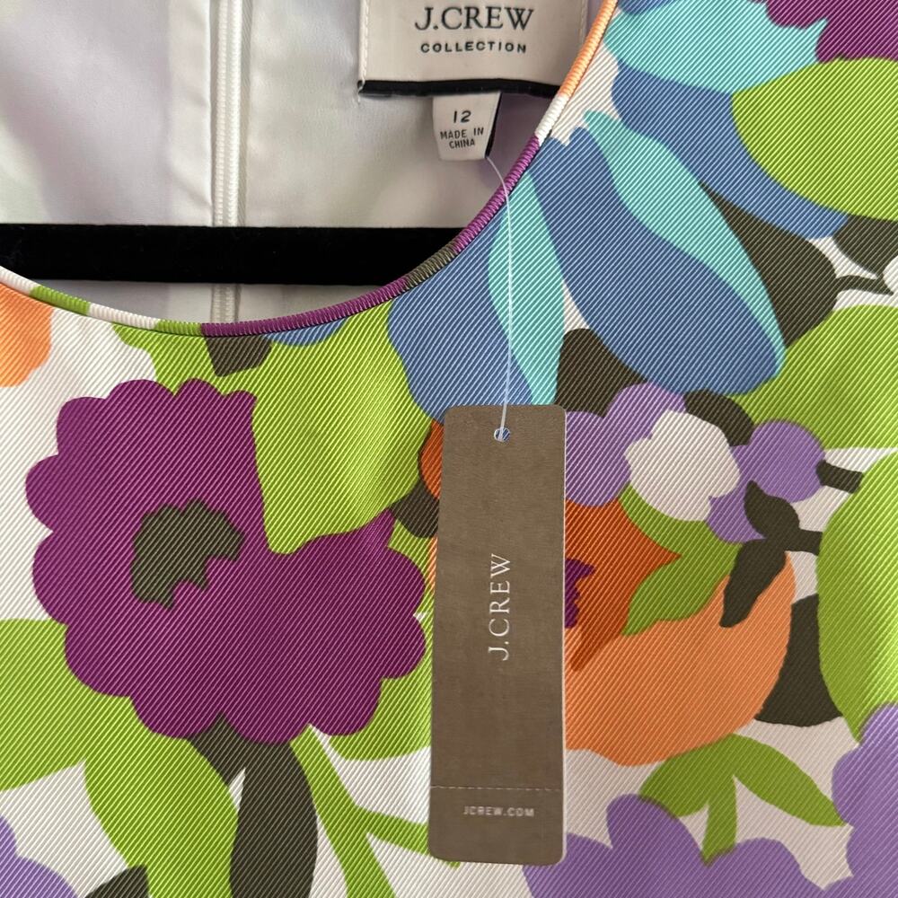 New J. Crew Shift Dress Purple Round Neck Floral Silk Back Zip Long Sleeve Sz 12 - Picture 4 of 7
